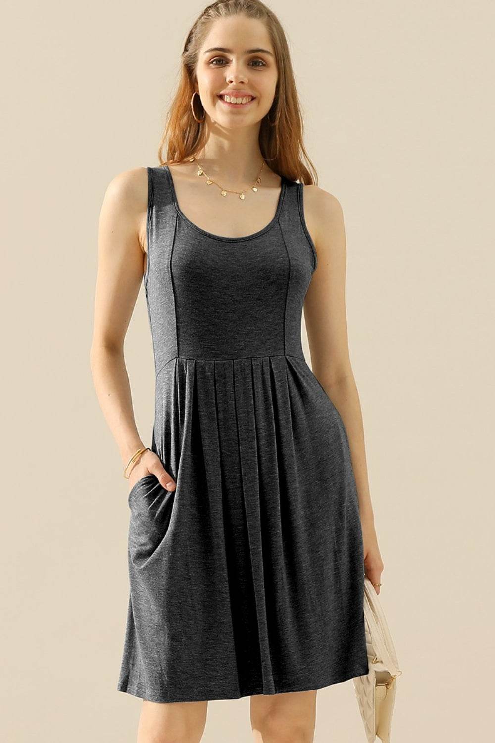Doublju Full Size Round Neck Ruched Sleeveless Dress with Pockets - Delanoir