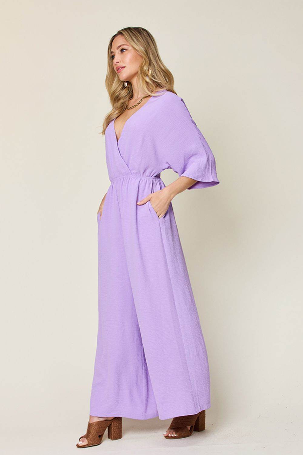 Double Take Full Size Surplice Wide Leg Jumpsuit with Pockets - Delanoir