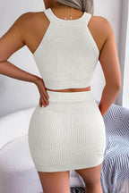 Heart Contrast Ribbed Sleeveless Knit Top and Skirt Set - Delanoir