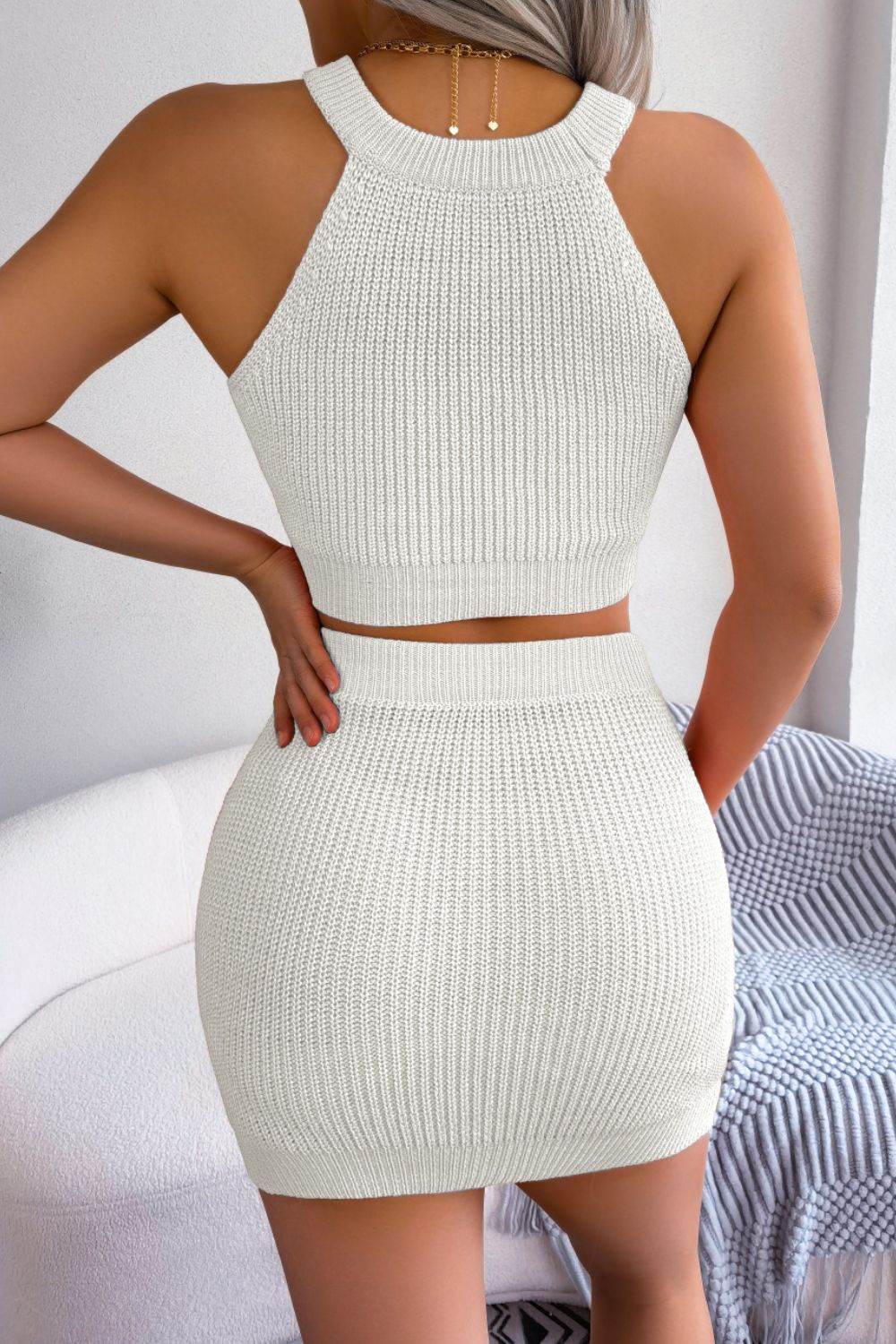 Heart Contrast Ribbed Sleeveless Knit Top and Skirt Set - Delanoir