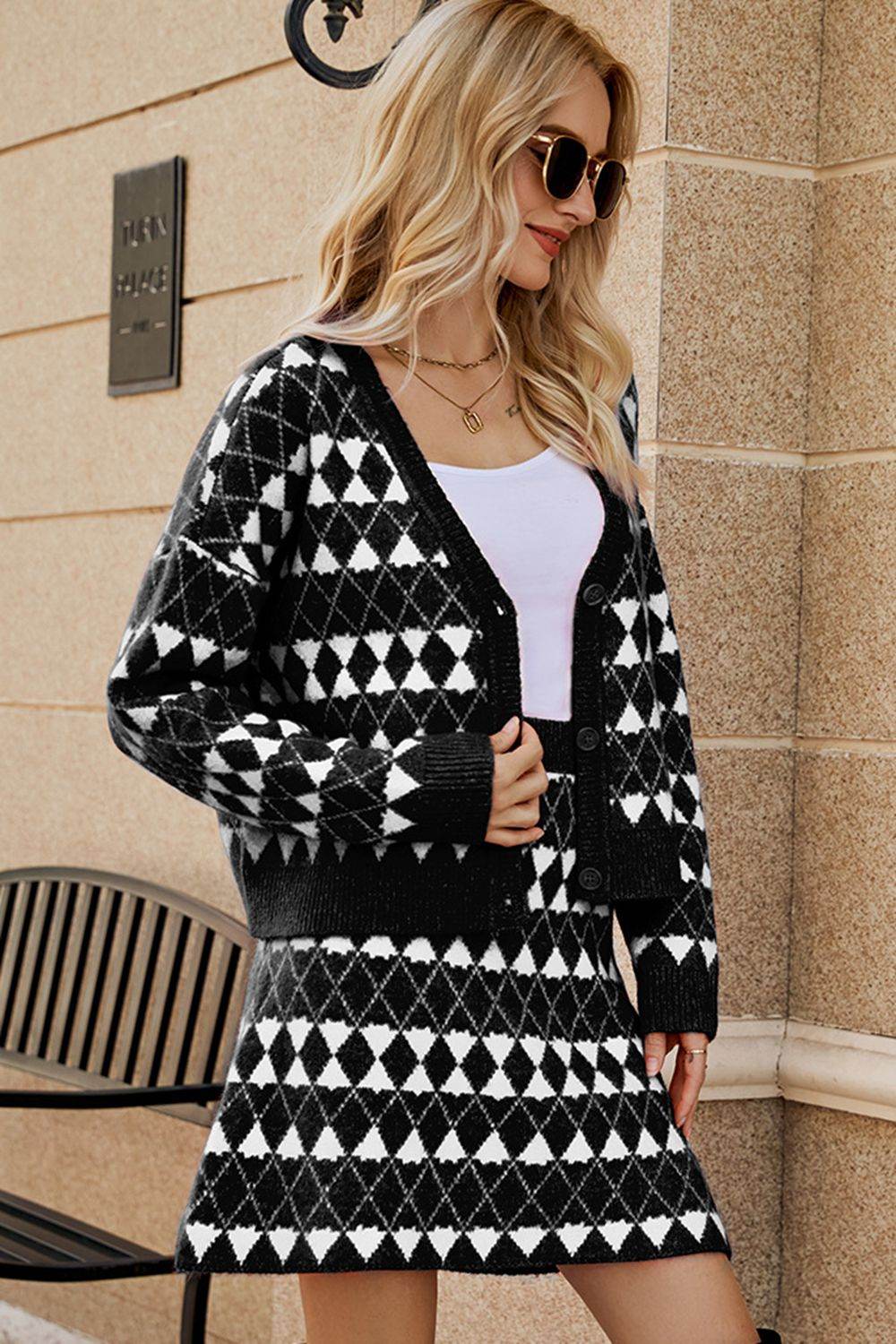 Geometric Dropped Shoulder Cardigan and Knit Skirt Set - Delanoir