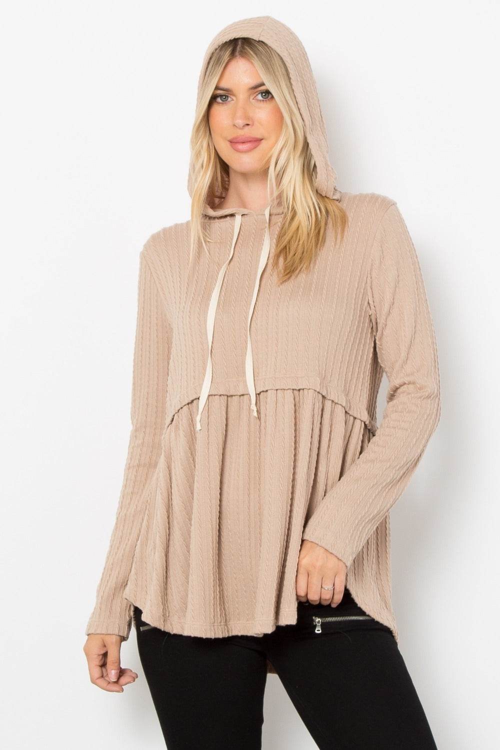 Be Stage Full Size Long Sleeve Peplum Cable Knit Hoodie - Delanoir