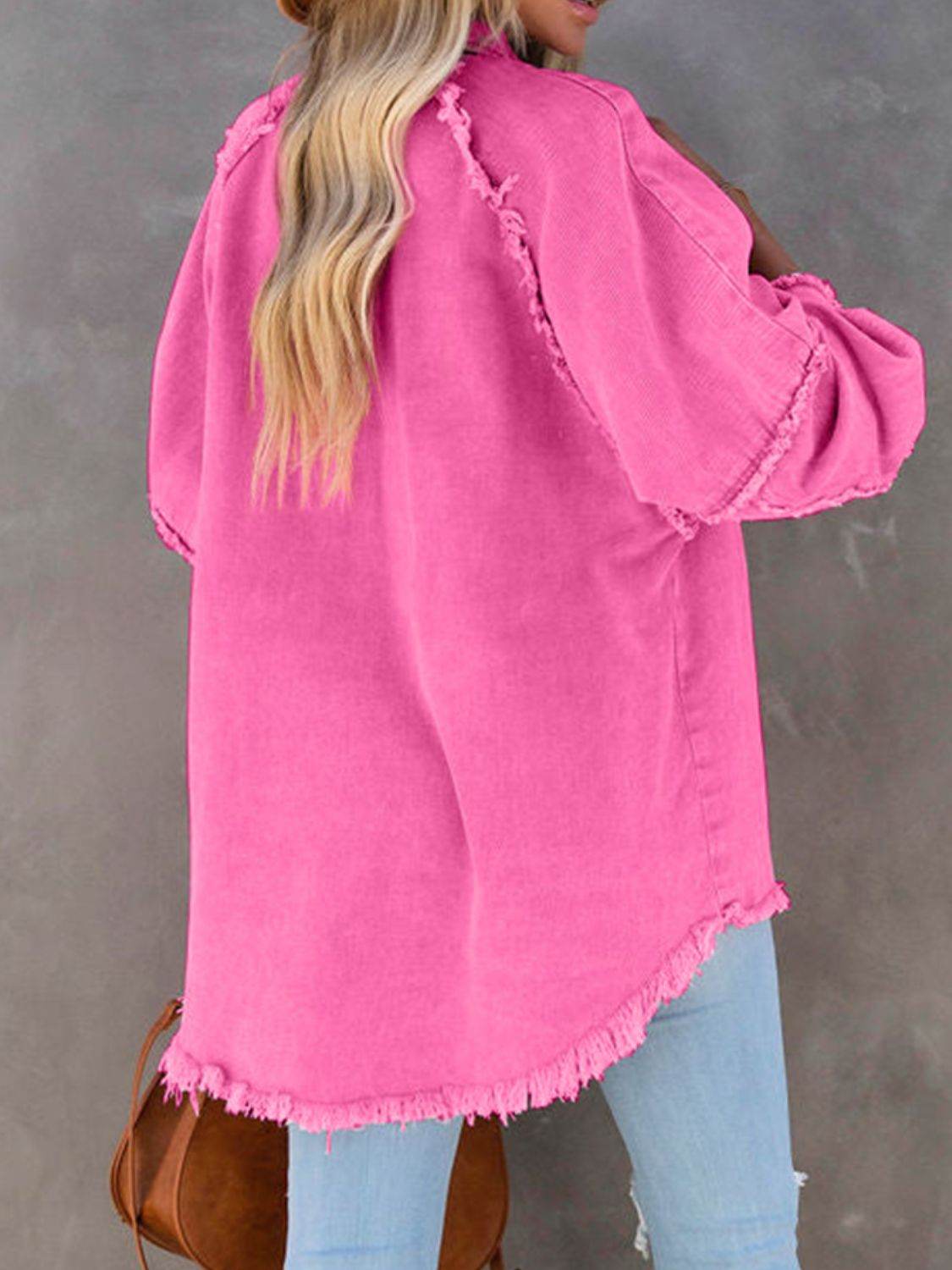 Button Down Raw Hem Denim Jacket - Delanoir