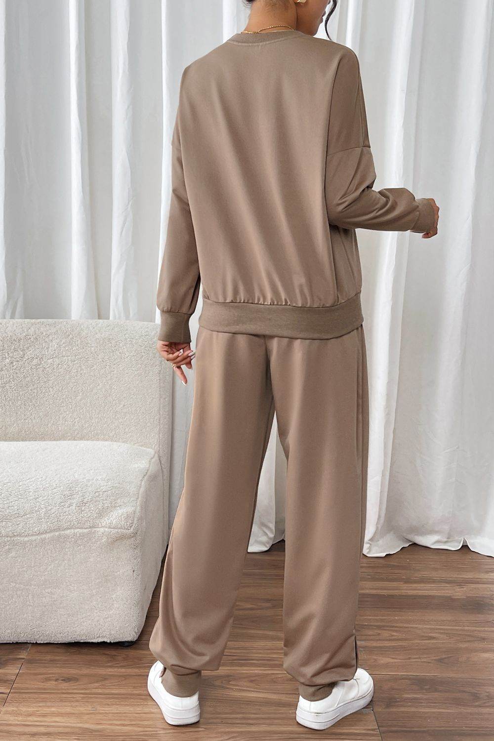 Perfee Round Neck Long Sleeve Top and Pants Set - Delanoir