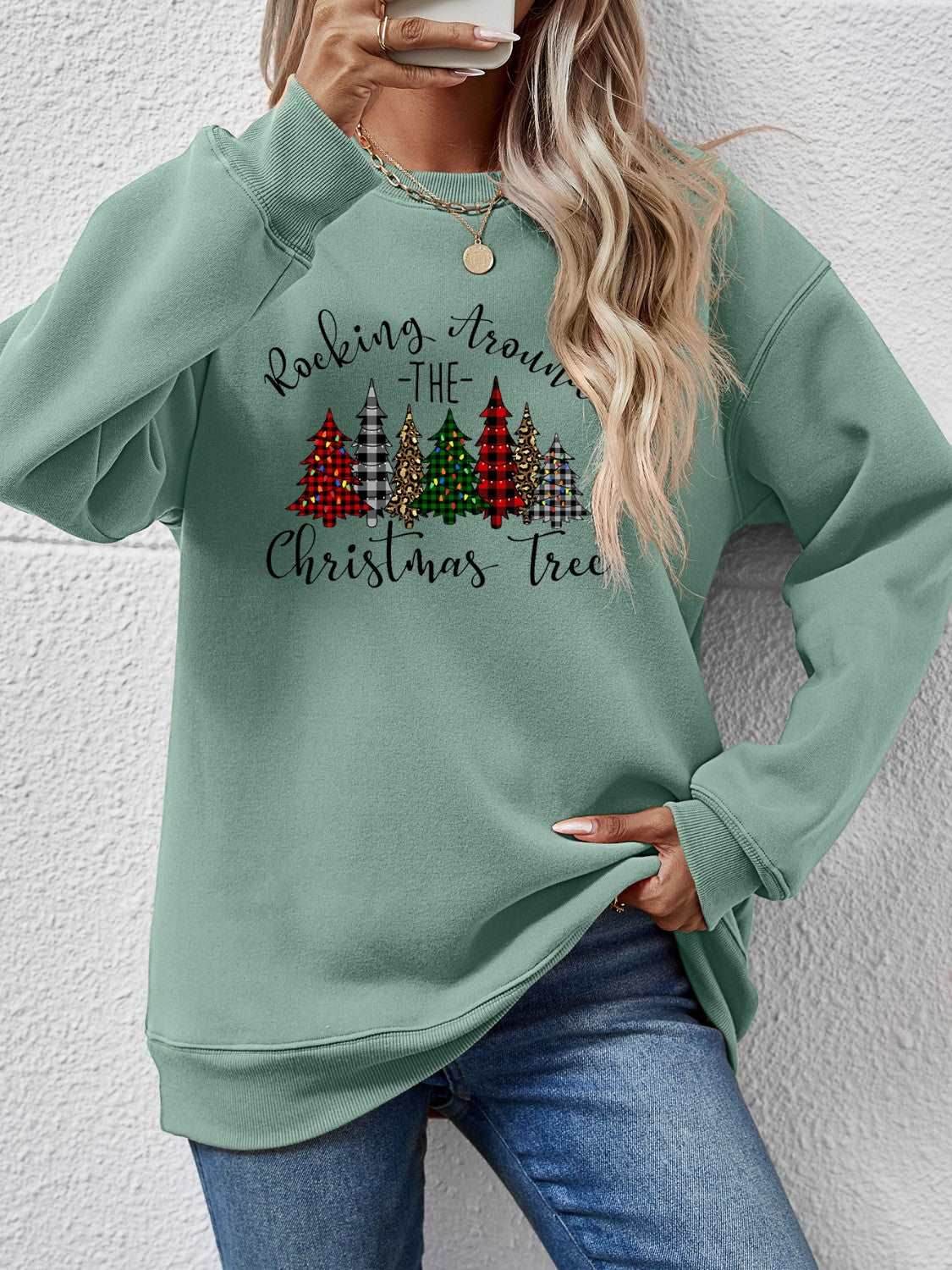 Christmas Tree Graphic Round Neck Sweatshirt - Delanoir