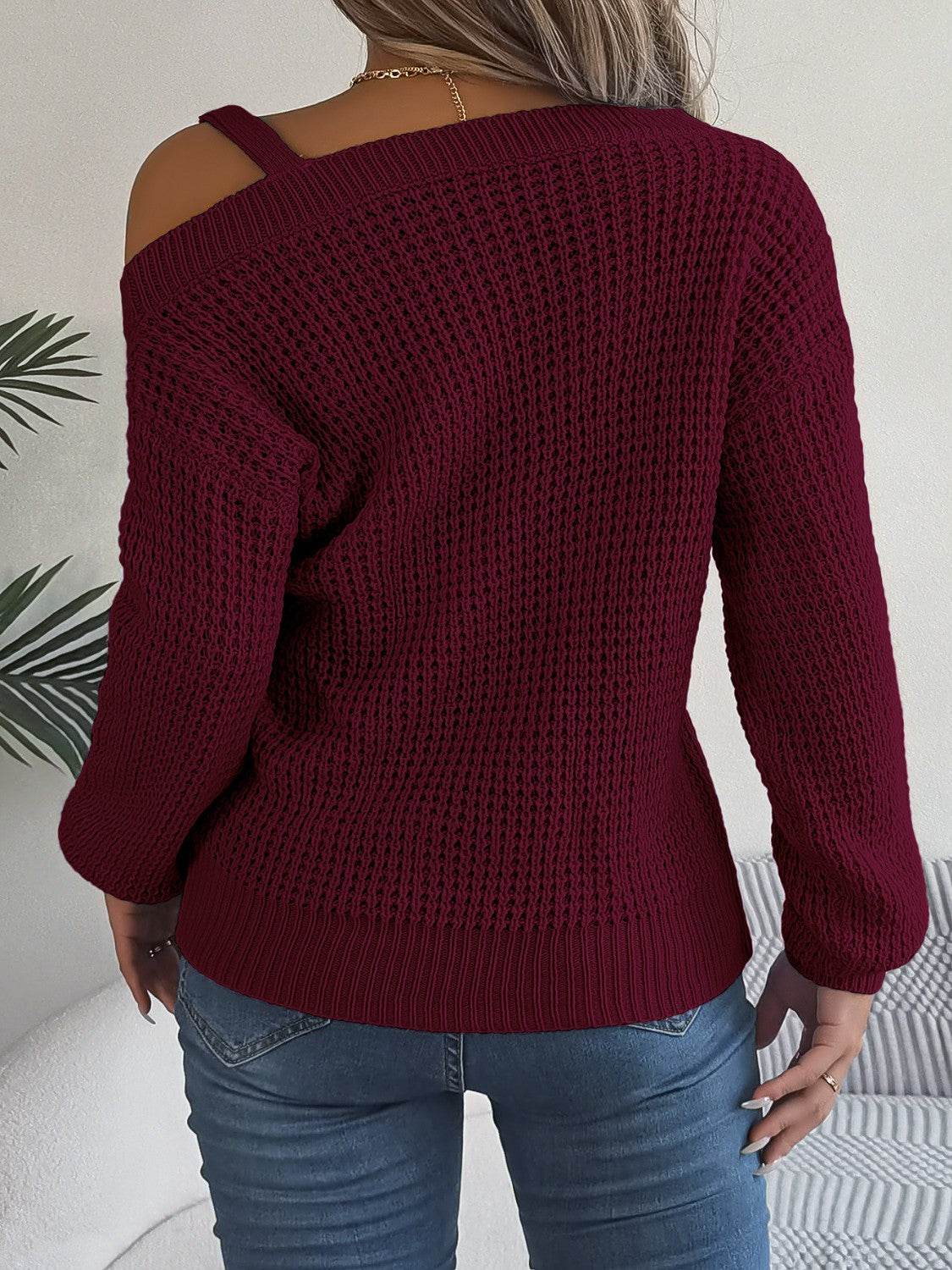 Asymmetrical Neck Long Sleeve Sweater - Delanoir