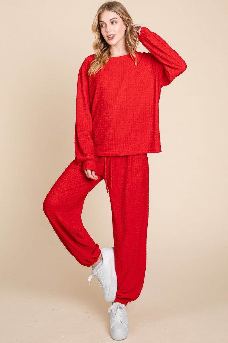 Super Lady Full Size Crinkle Check Round Neck Top and Pants Lounge Set - Delanoir