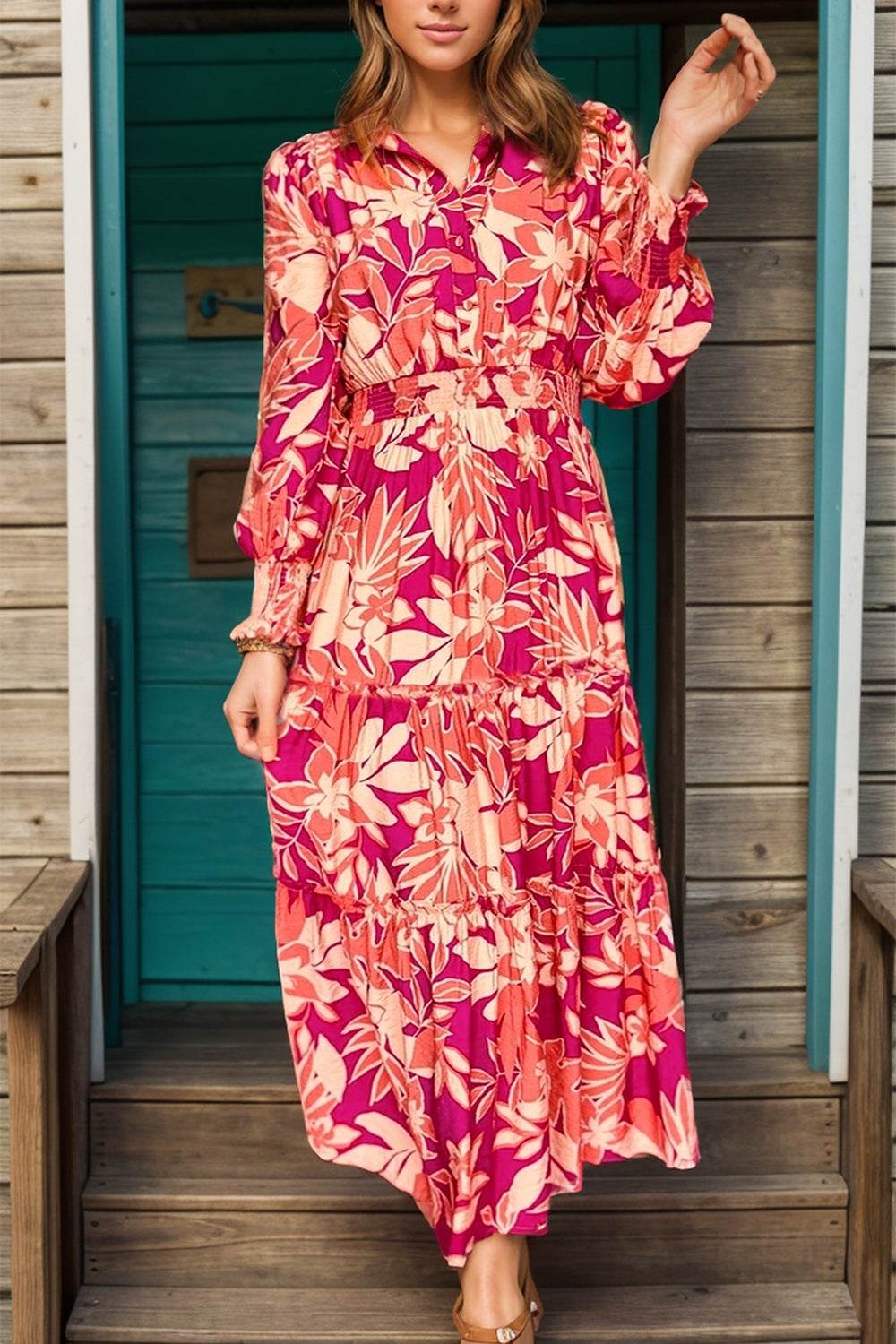 Printed Collared Neck Long Sleeve Dress - Delanoir