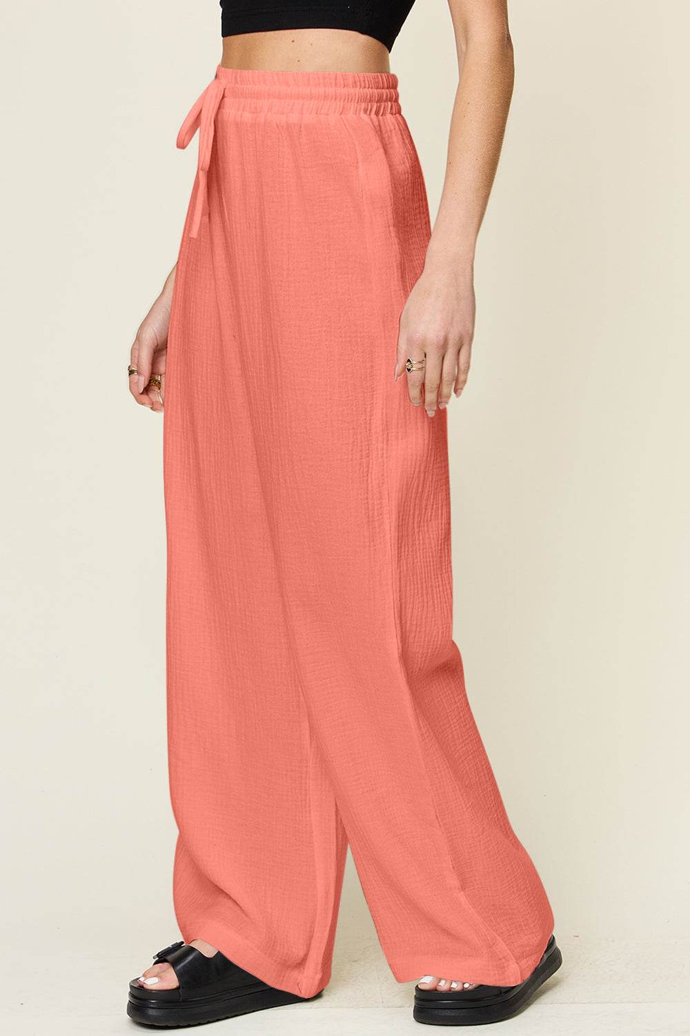 Double Take Full Size Texture Drawstring Wide Leg Pants - Delanoir