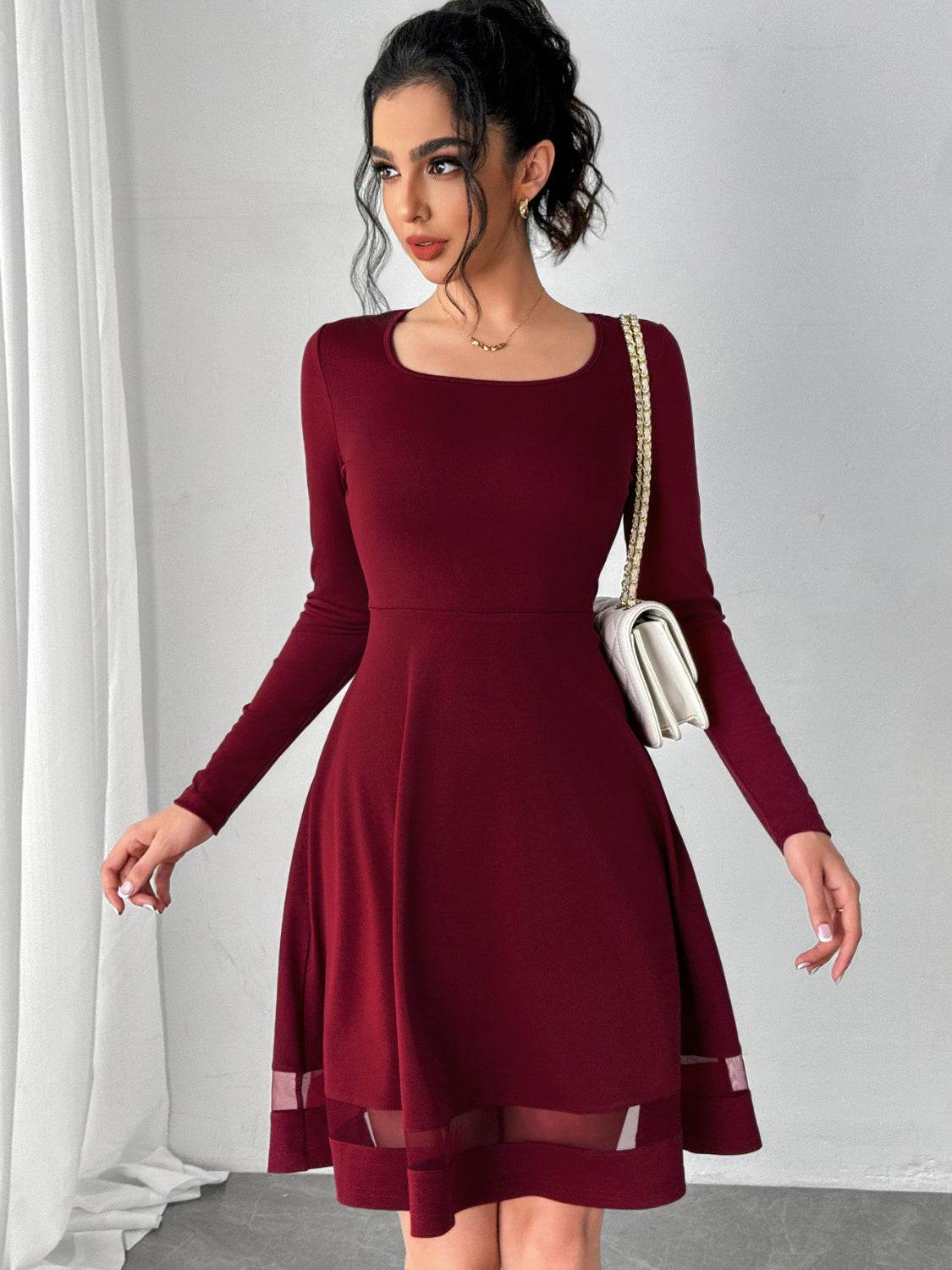 Square Neck Long Sleeve Mini Dress - Delanoir