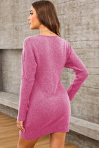 V-Neck Long Sleeve Mini Sweater Dress - Delanoir