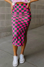Split Checkered Midi Skirt - Delanoir