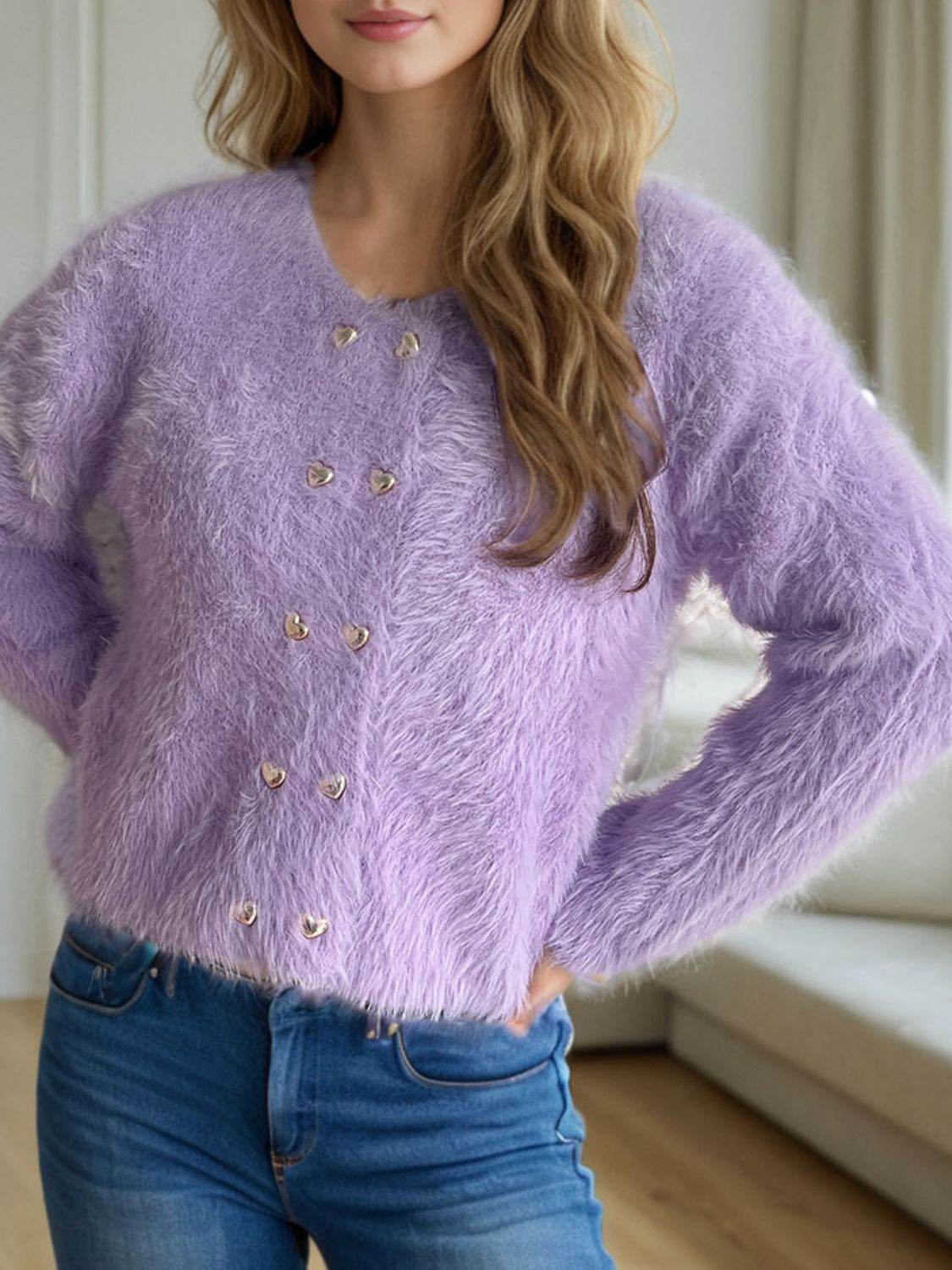 Heart Button Round Neck Cardigan - Delanoir