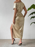 Honey Slit One Shoulder Short Sleeve Midi Dress - Delanoir