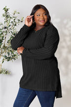 Basic Bae Full Size Ribbed Round Neck Long Sleeve Slit Top - Delanoir
