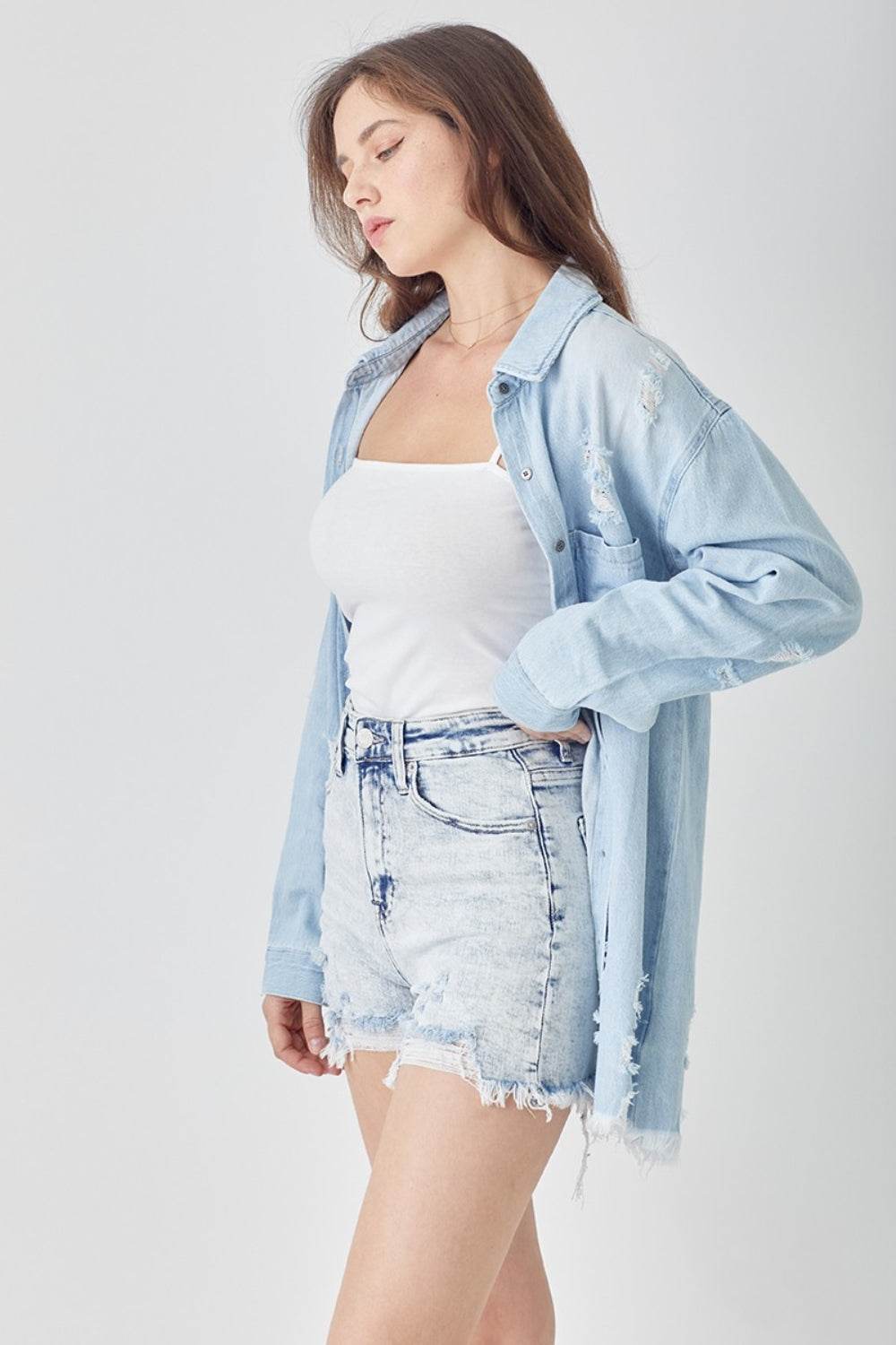 RISEN Raw Hem Distressed High Rise Denim Shorts - Delanoir
