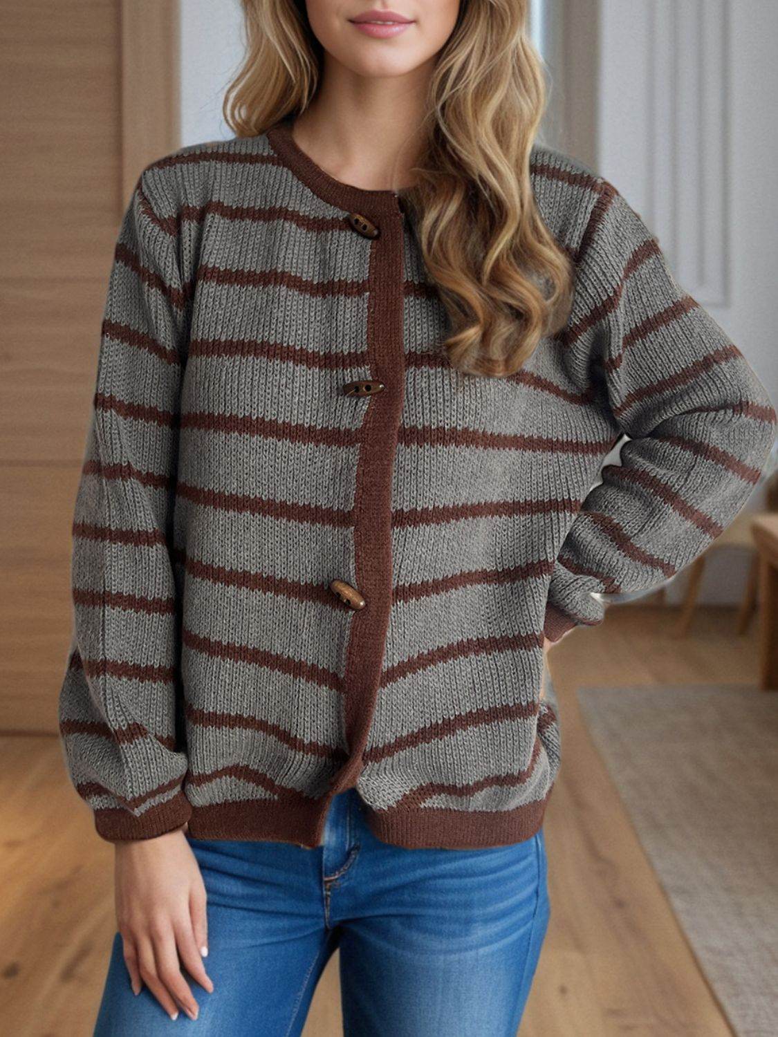 Striped Round Neck Long Sleeve Cardigan - Delanoir