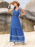 Printed V-Neck Tie Shoulder Dress - Delanoir