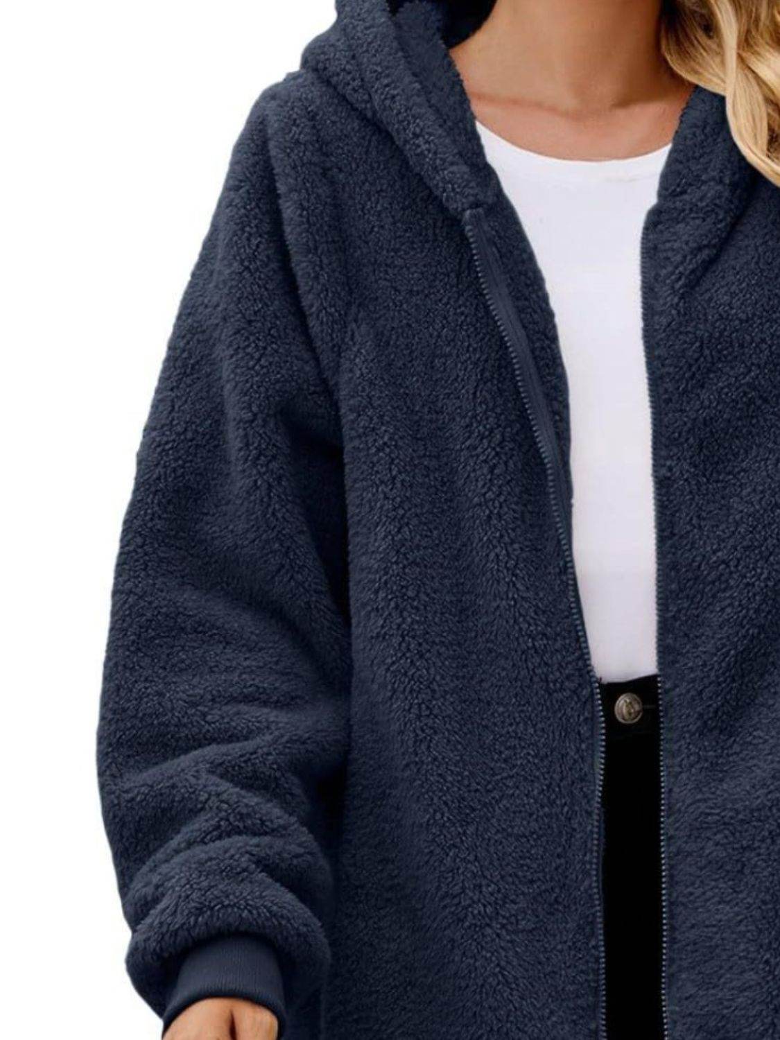 Fuzzy Pocketed Zip Up Long Sleeve Hooded Jacket - Delanoir