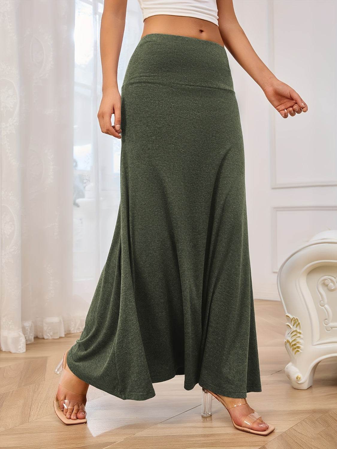 Solid Elastic Waist Maxi Skirt - Delanoir