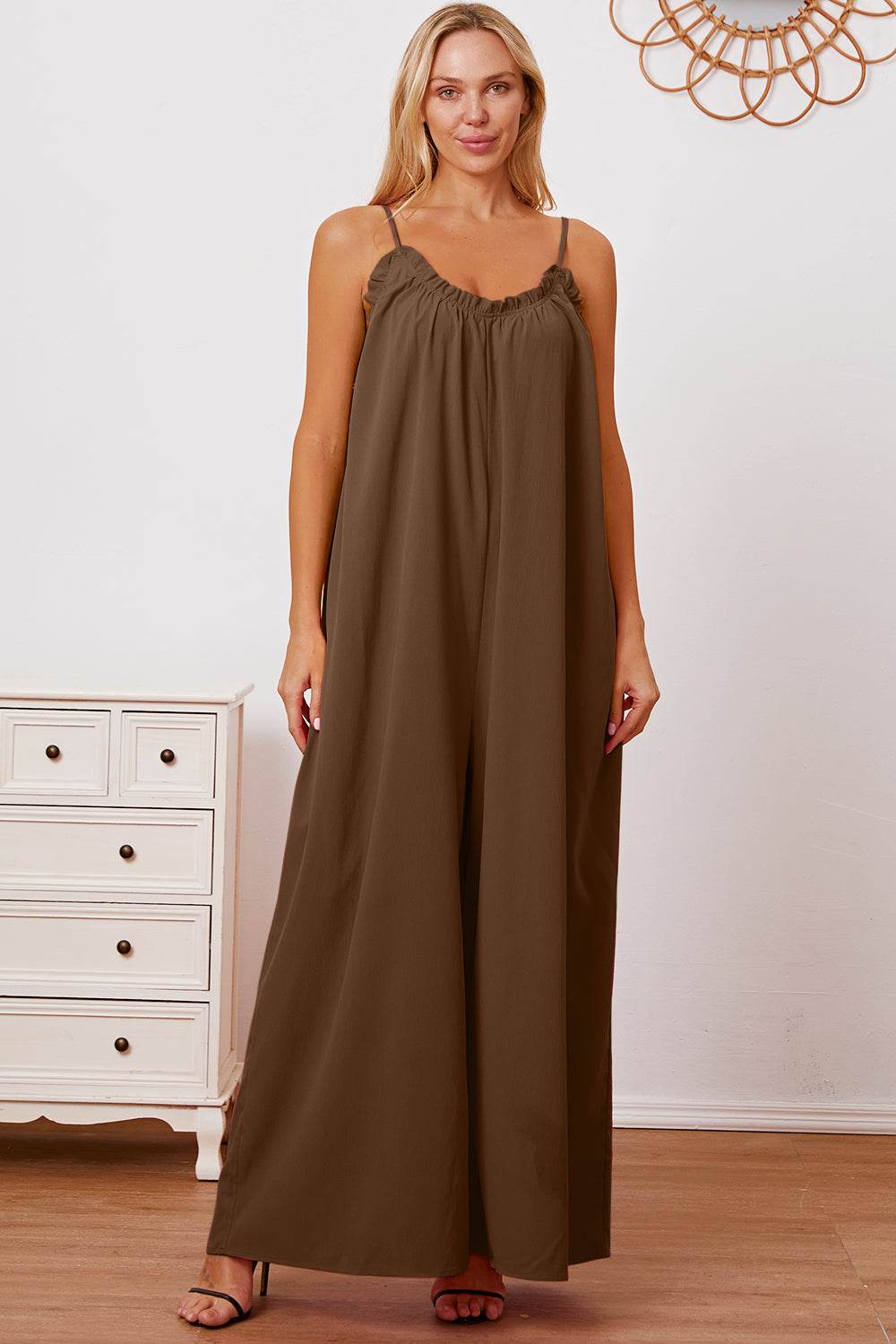 Double Take Full Size Ruffle Trim Tie Back Cami Jumpsuit with Pockets - Delanoir