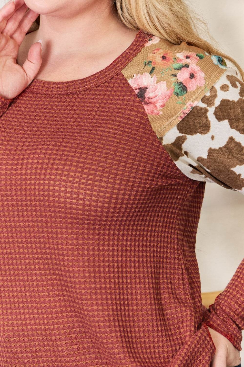 Hailey & Co Full Size Leopard Waffle-Knit Blouse - Delanoir
