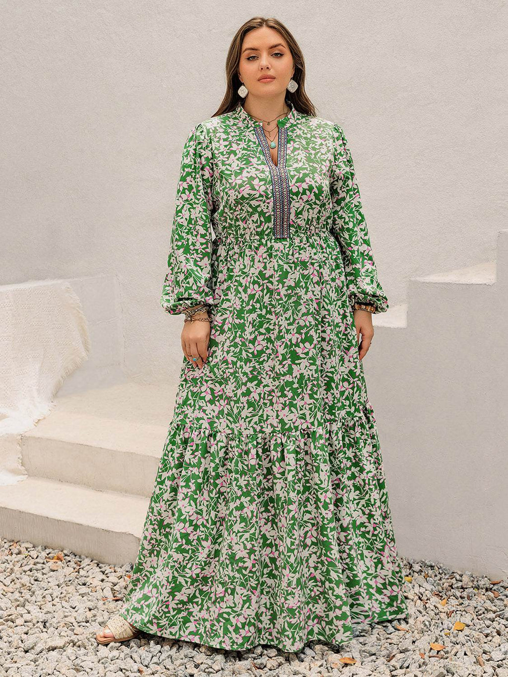 Plus Size Printed Notched Long Sleeve Maxi Dress - Delanoir