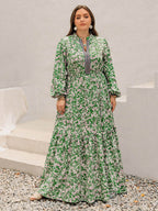 Plus Size Printed Notched Long Sleeve Maxi Dress - Delanoir
