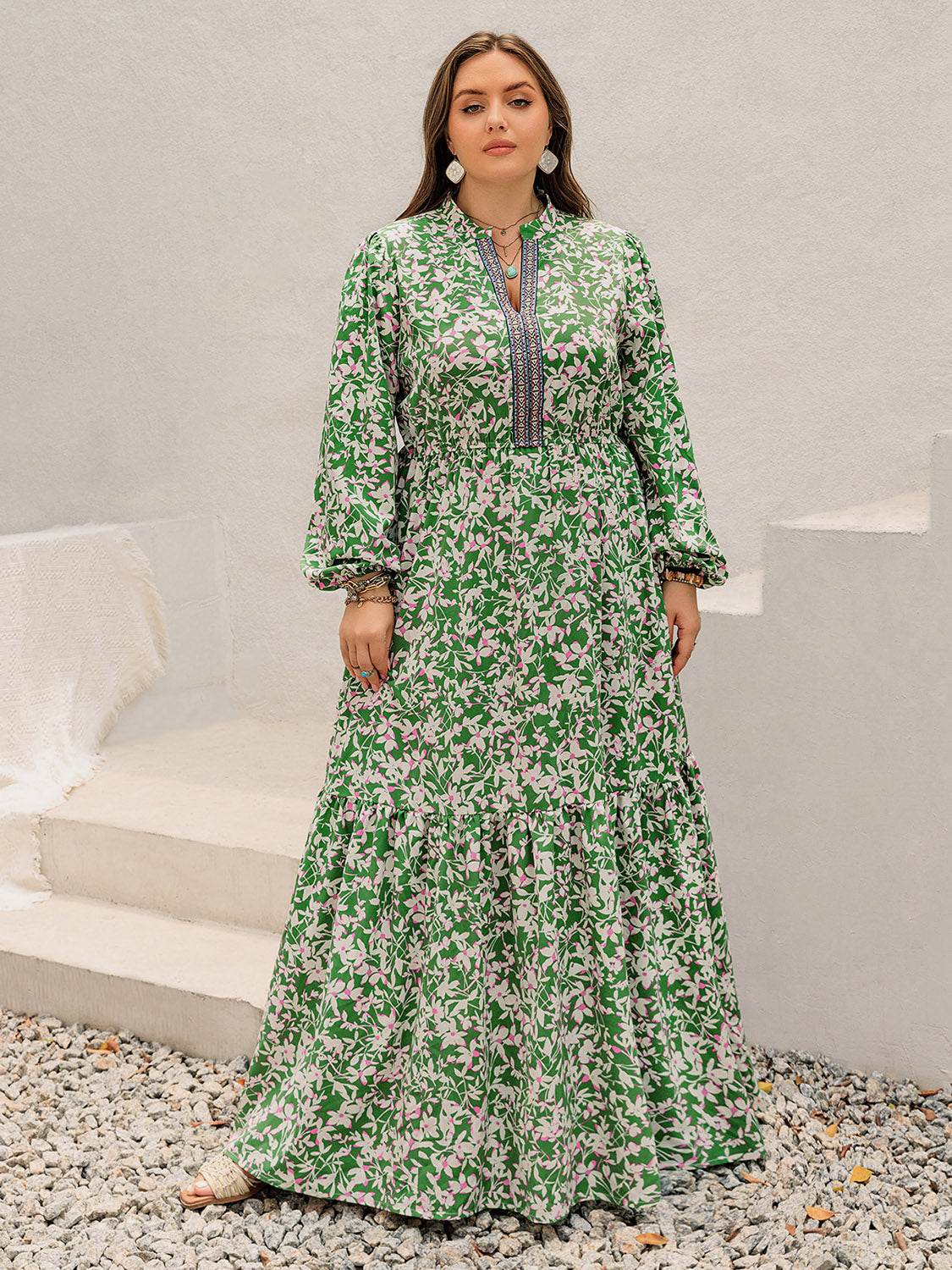 Plus Size Printed Notched Long Sleeve Maxi Dress - Delanoir