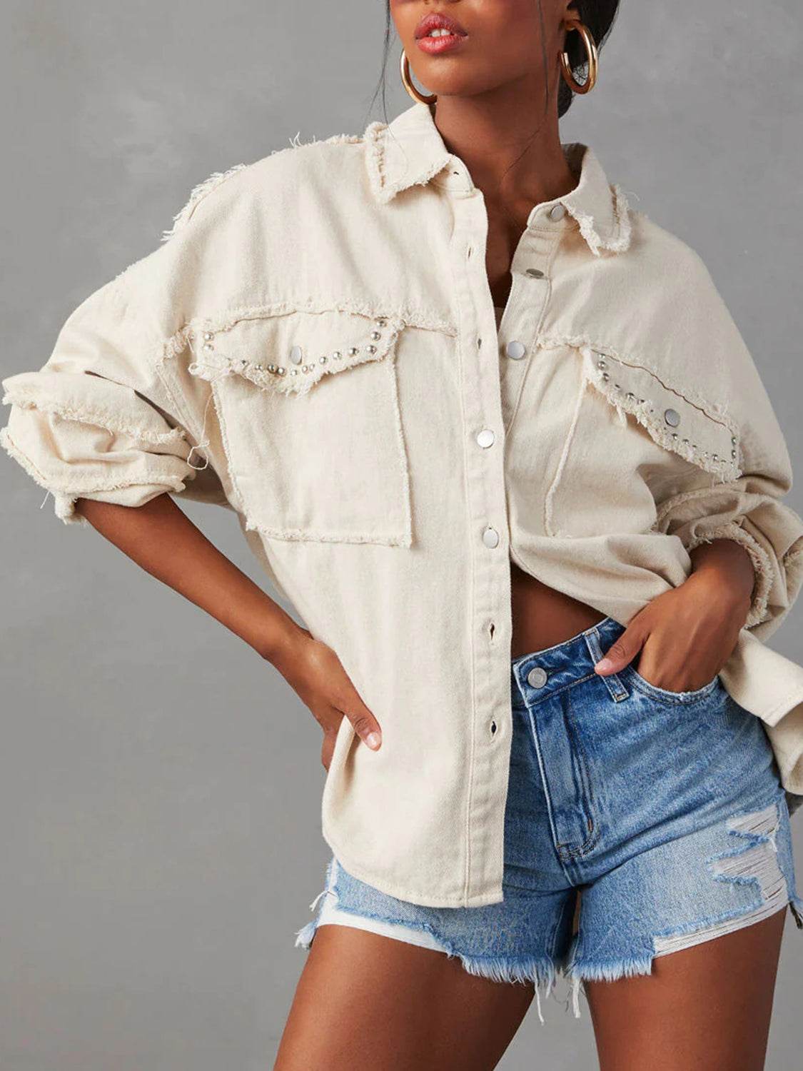 Button Down Raw Hem Denim Jacket - Delanoir