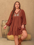 Plus Size Embroidered Tie Neck Balloon Sleeve Mini Dress - Delanoir