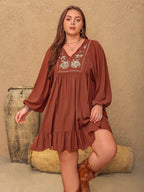 Plus Size Embroidered Tie Neck Balloon Sleeve Mini Dress - Delanoir