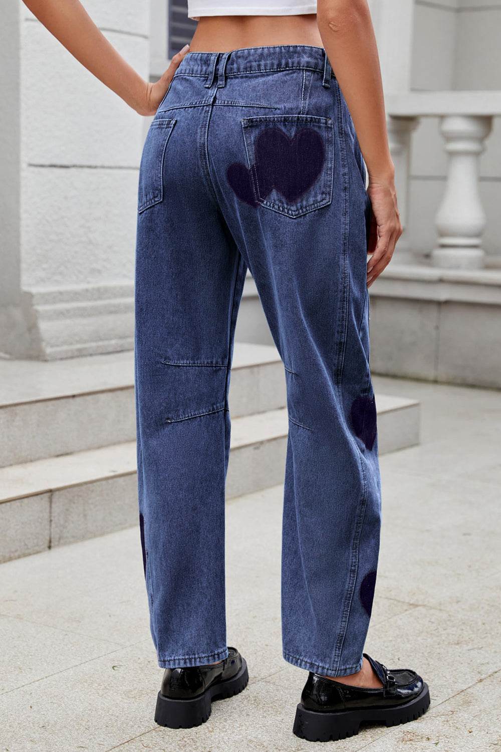 Heart Mid Rise Jeans with Pockets - Delanoir
