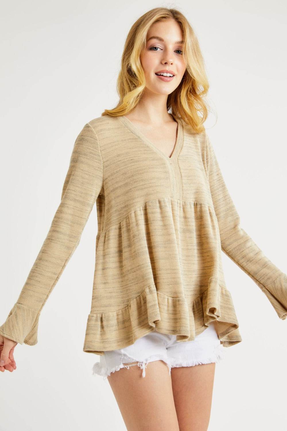 Hailey & Co V-Neck Flounce Sleeve Knit Top - Delanoir