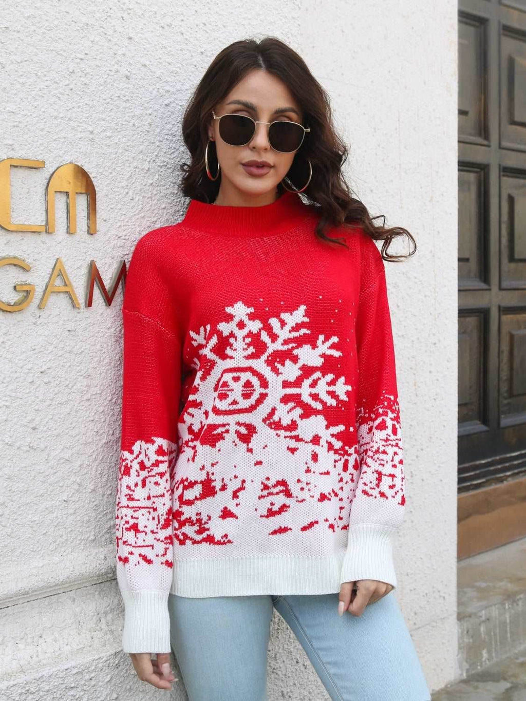 Snowflake Pattern Mock Neck Sweater - Delanoir