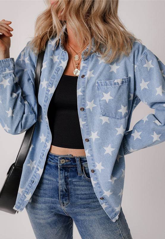Raw Hem Star Collared Neck Denim Top - Delanoir