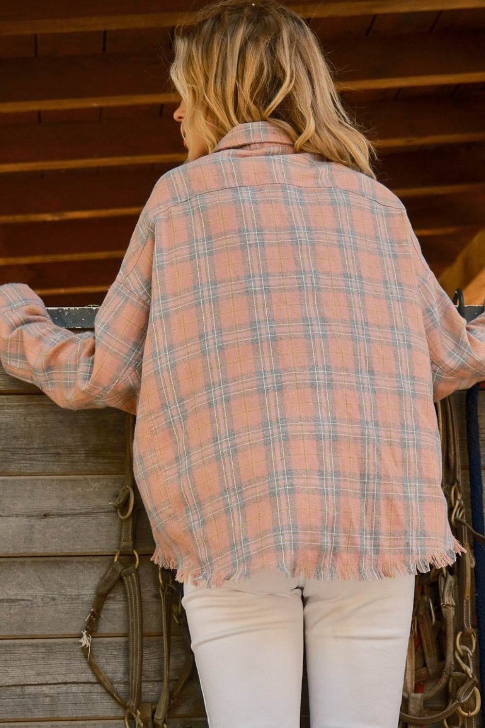 And The Why Full Size Plaid Button Up Raw Hem Shirt - Delanoir