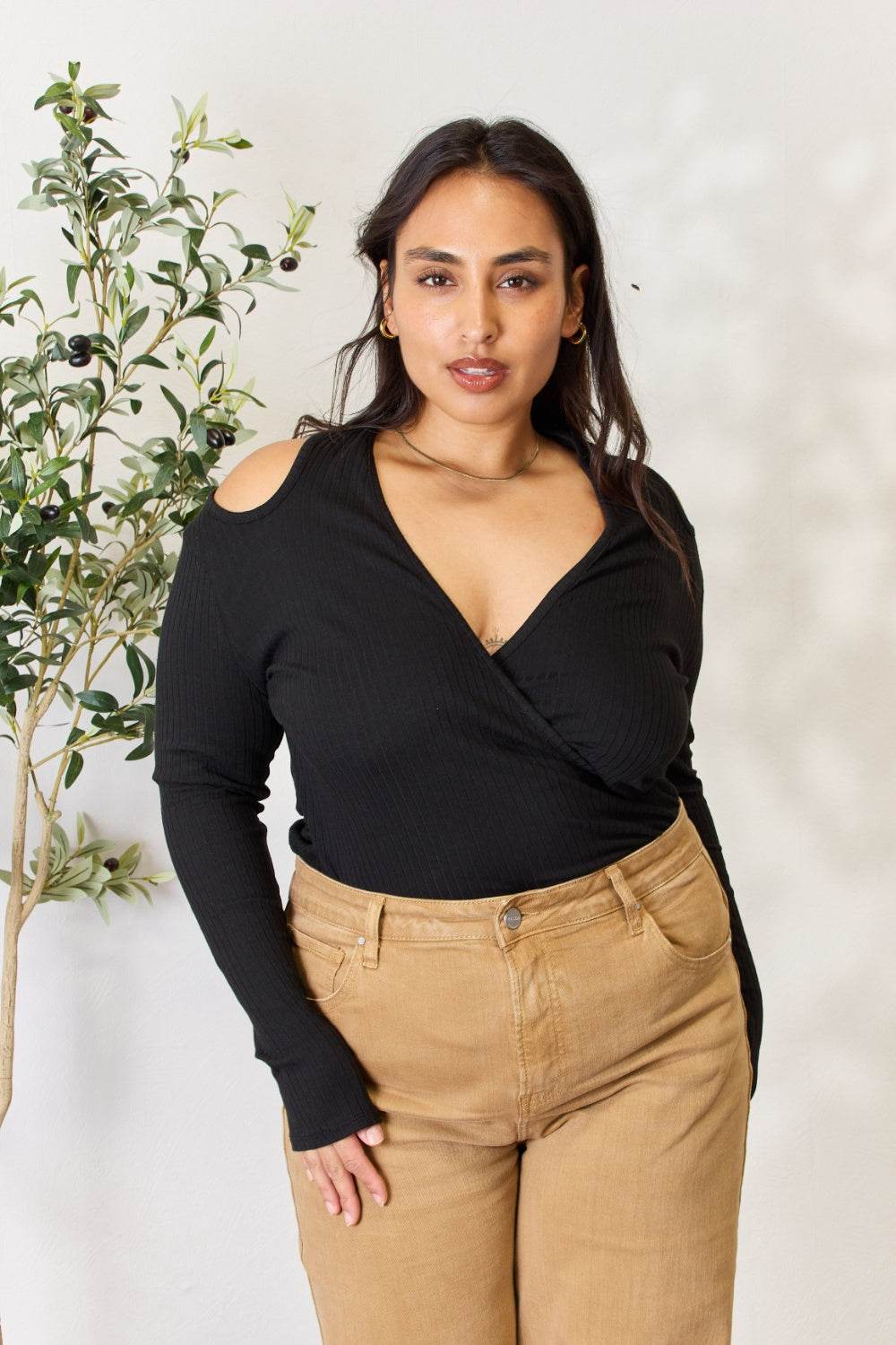 Culture Code Full Size Ribbed Surplice Cold Shoulder Top - Delanoir