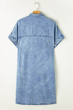 Pocketed Button Up Half Sleeve Denim Dress - Delanoir