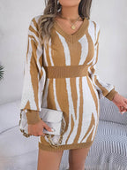 Animal Print V-Neck Long Sleeve Sweater Dress - Delanoir