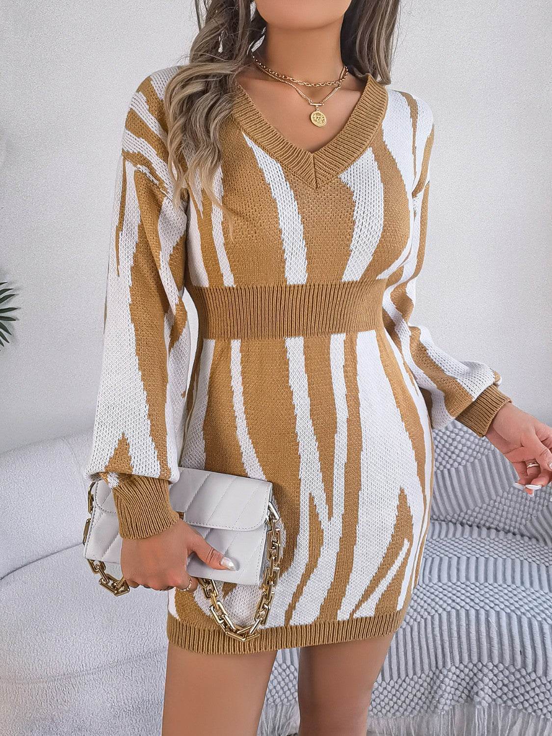 Animal Print V-Neck Long Sleeve Sweater Dress - Delanoir