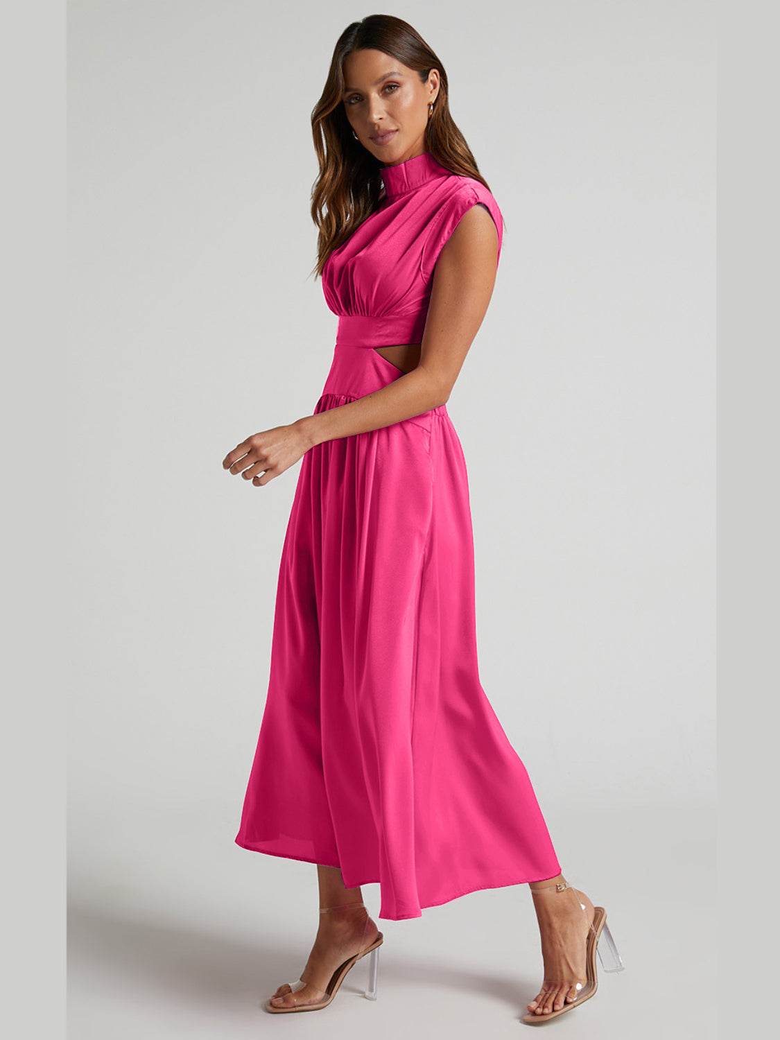 Cutout Mock Neck Sleeveless Ruched Dress - Delanoir