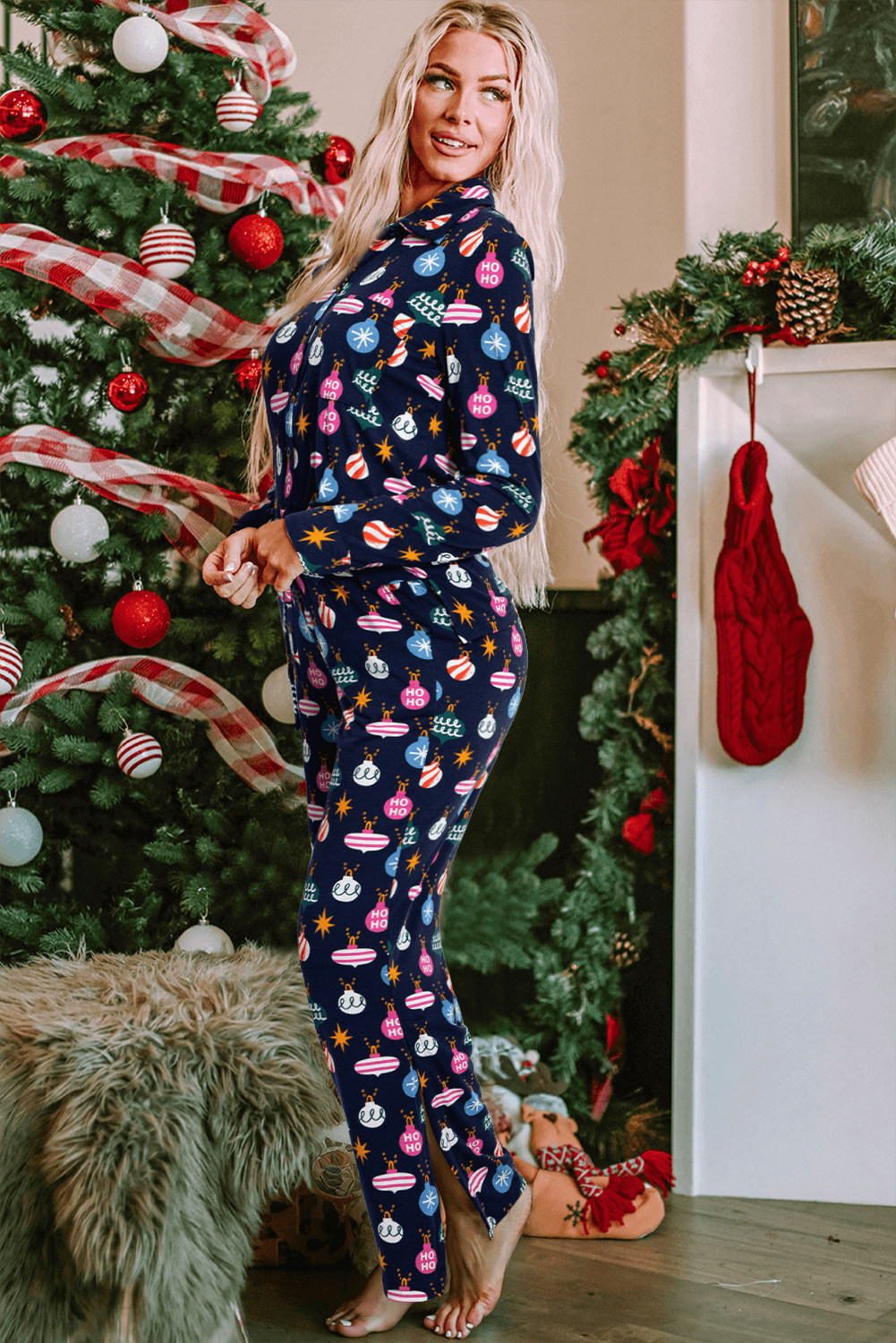 Christmas Lights Print Collared Neck Top and Pants Set - Delanoir