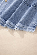 Raw Hem Button Down Long Sleeve Denim Dress - Delanoir