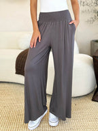 Double Take Full Size Smocked Wide Waistband Wide Leg Pants - Delanoir