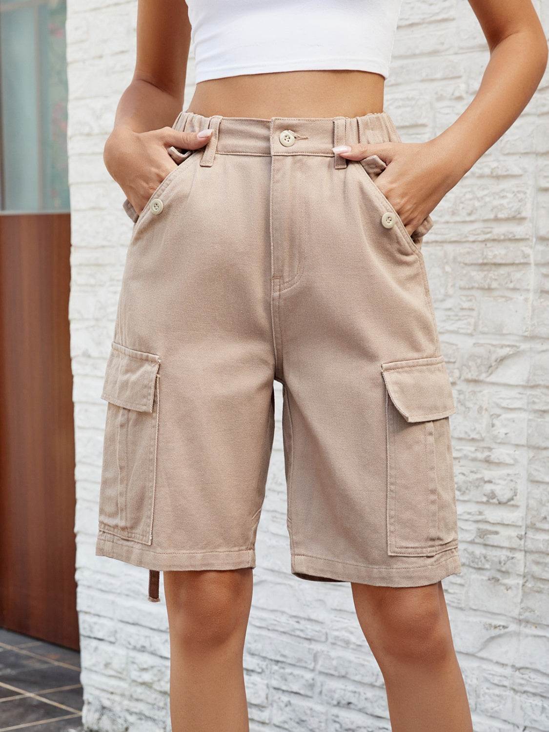 High Waist Denim Shorts with Pockets - Delanoir