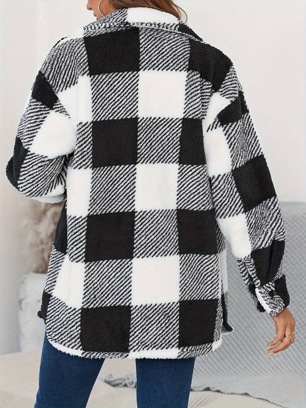 Plaid Button Up Long Sleeve Fuzzy Outerwear - Delanoir