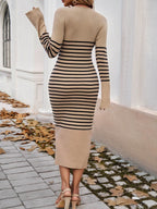 Devine Striped V-Neck Long Sleeve Sweater Dress - Delanoir