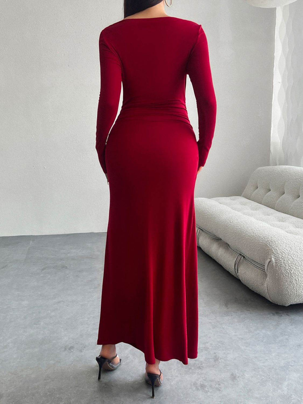 Devine Ruched Long Sleeve Maxi Dress - Delanoir