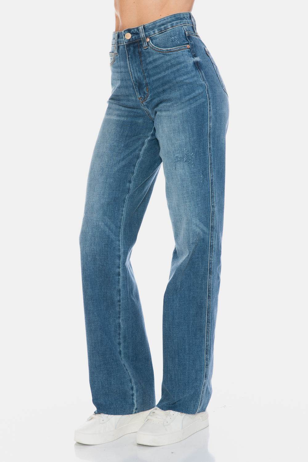 Judy Blue Full Size Tummy Control Cut Raw Hem Straight Jeans - Delanoir